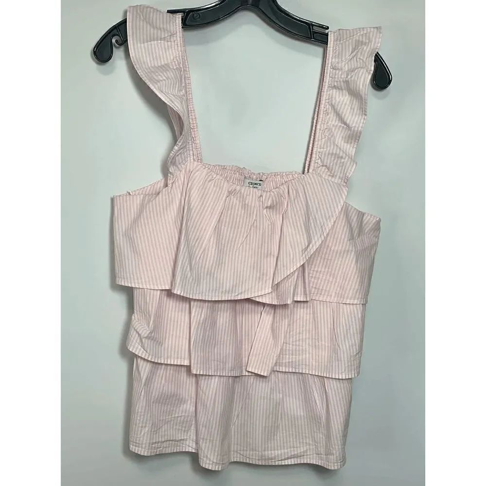Crown & Ivy Women's Striped Shirred Layered Ruffled Pink/White Top Size S